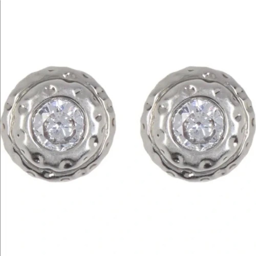 Kate Spade Bezel CZ Hammered Round Silver Stud Earrings